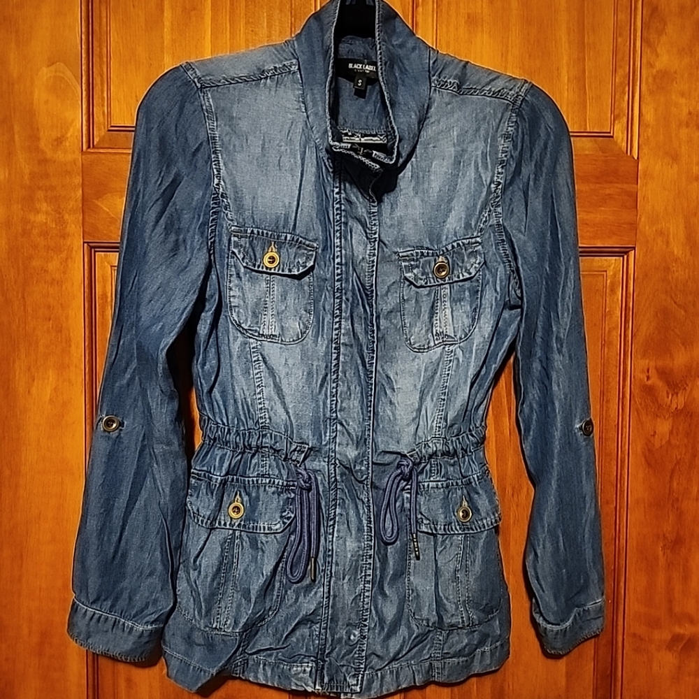 Black Label C'est Toi Blue Jean Shirt/Jacket safari style, roll tab sleeves Sz S